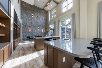 a large kitchen with a large island and a large window at The Monroe Apartments, Texas, 78741